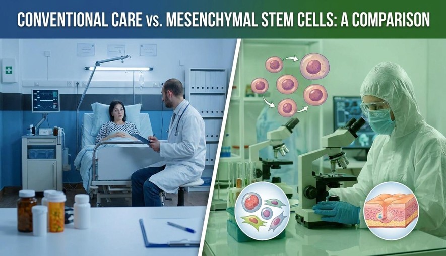 Conceptual comparison: conventional hormone replacement addresses thyroid-hormone deficiency, while experimental MSC research explores immune modulation. The illustration does not establish clinical superiority or proven thyroid regeneration.