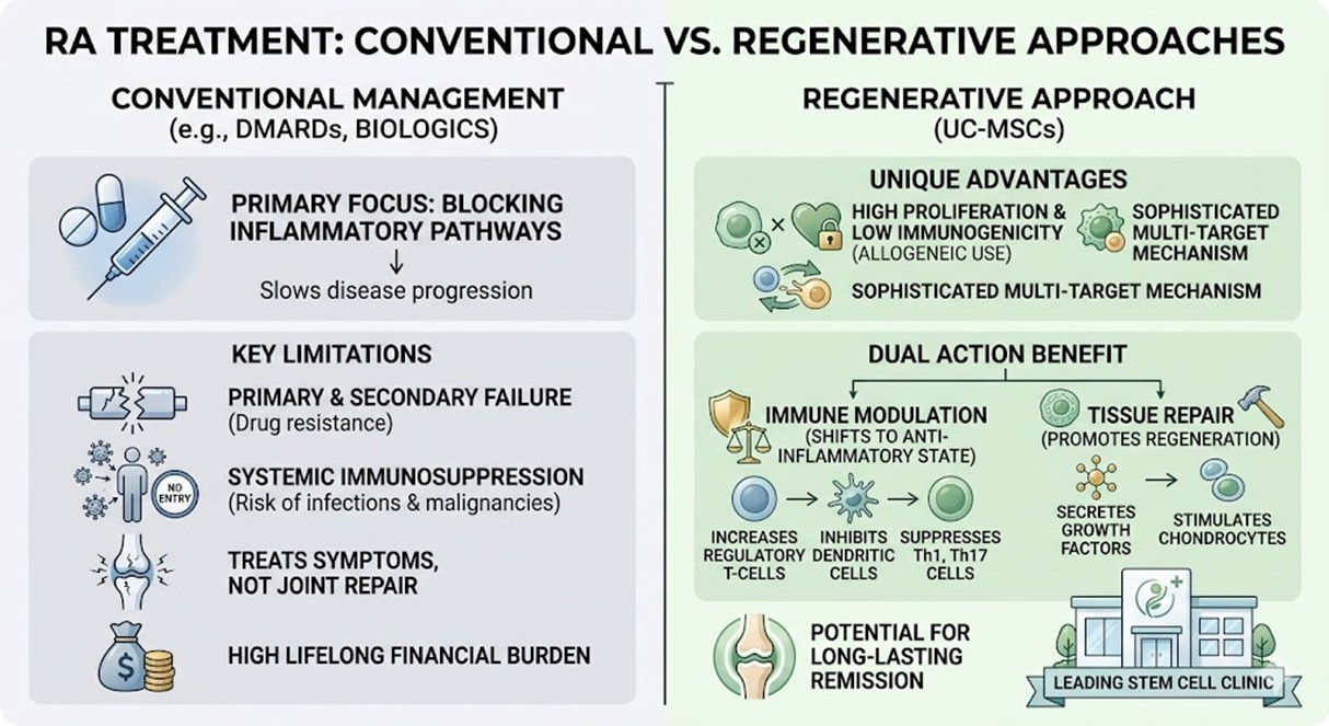 Figure 2: Limitations of Conventional and Regenerative Potential Mechanism of UC-MSCs Management