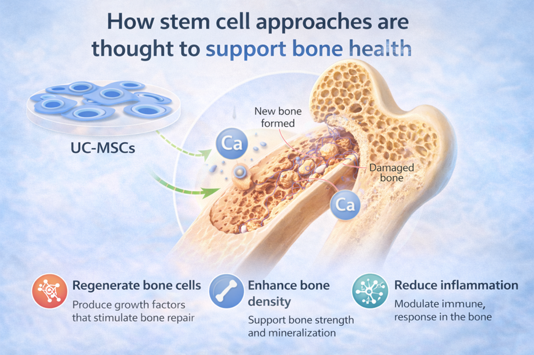 Figure A: Stem cell–based approaches are being studied for their potential to support bone health. Mesenchymal stem cells may help promote bone regeneration, support mineralization, and reduce inflammation in the bone microenvironment.
