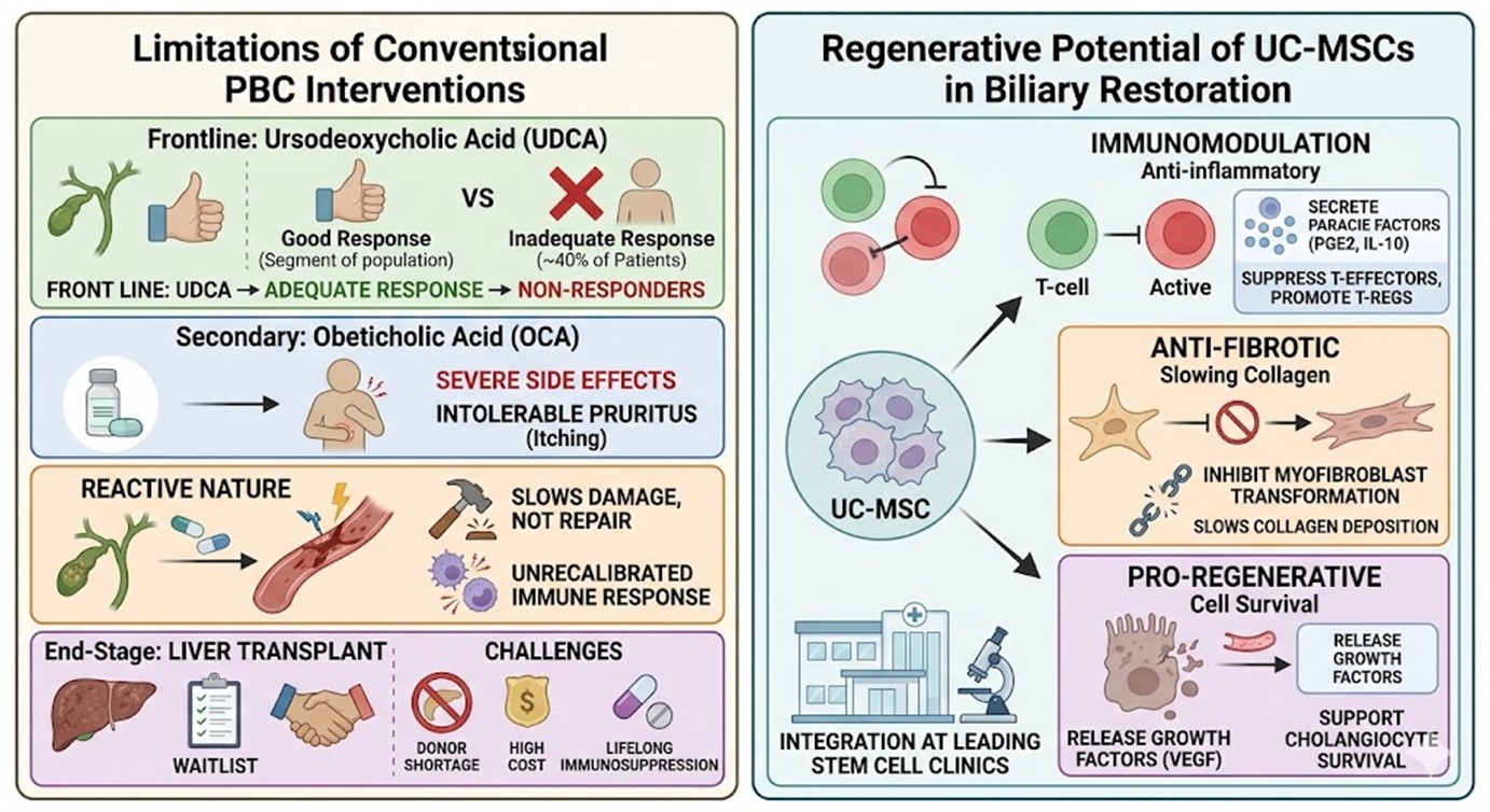Figure 2: Limitations of Conventional Interventions and Regenerative Potential of UC-MSCs in Biliary Restoration