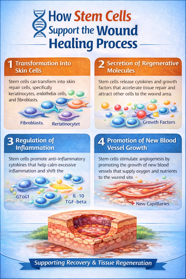 Figure A : During wound healing, stem cells support tissue repair through skin cell transformation, regenerative molecule release, inflammation control, and enhanced blood vessel growth.