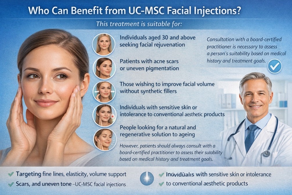 Figure 2: UC-MSC facial injections may be suitable for adults 30+ seeking skin rejuvenation, support for acne scars, uneven tone, or a more natural approach to facial volume.
