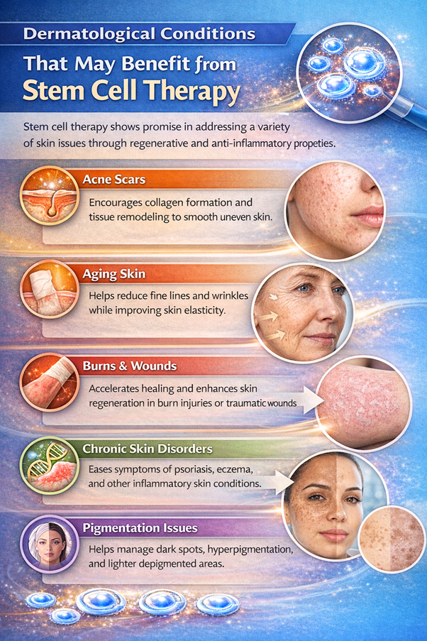 Figure A : Stem cell therapy may support skin repair, improve acne scars, reduce wrinkles, accelerate wound healing, ease inflammatory skin conditions, and balance pigmentation.