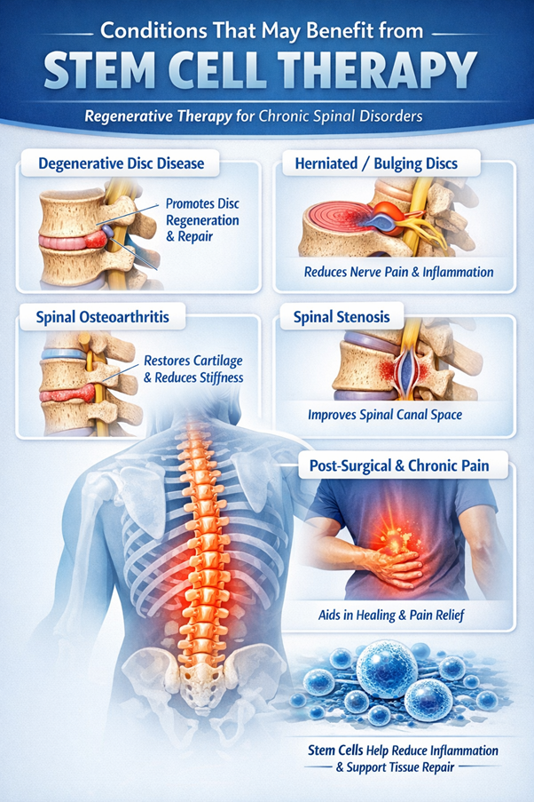 Figure A : Stem cell therapy may support spinal healing by promoting tissue repair, reducing inflammation, and potentially improving symptoms of several degenerative spine conditions.
