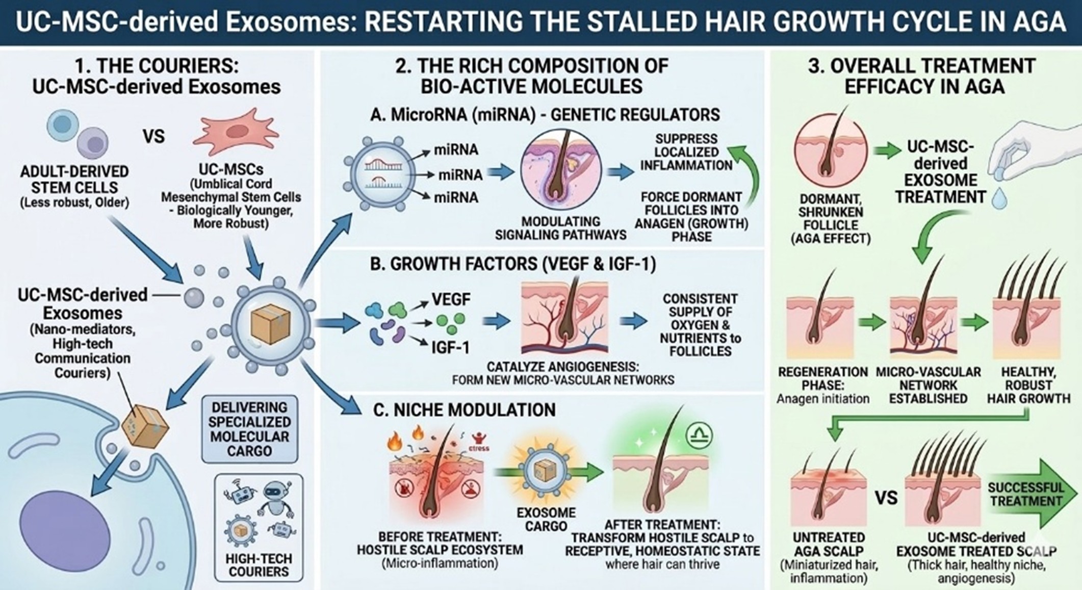 Figure 2: How UC-MSC-derived Exosomes Deliver Bio-active Cargo to Combat Follicle Miniaturization in Androgenetic Alopecia (AGA)