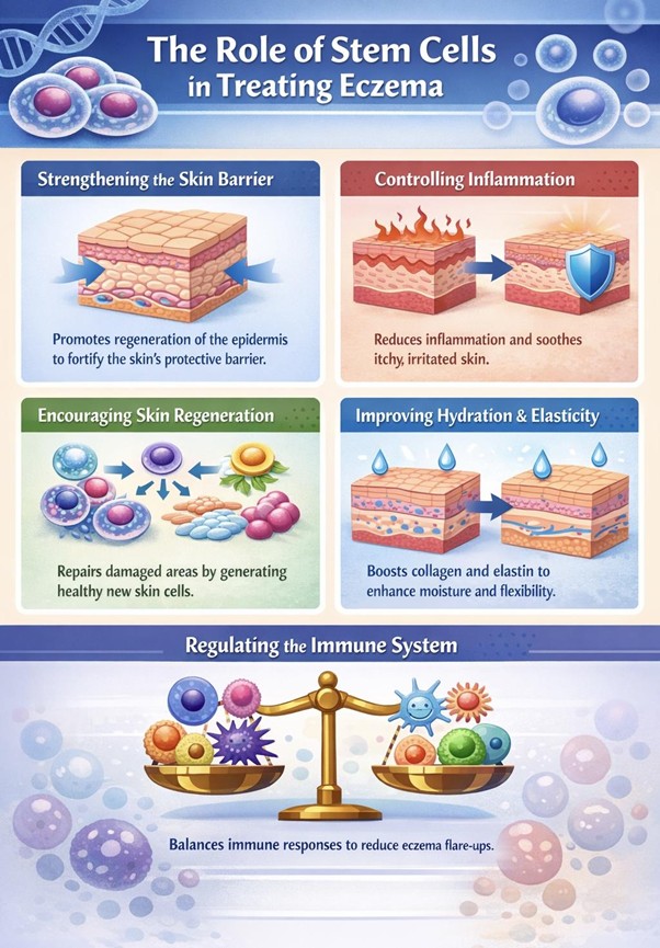 Figure A : Stem cell therapy may support eczema management by strengthening the skin barrier, reducing inflammation, promoting skin regeneration, improving hydration and elasticity, and regulating immune responses to help reduce flare-ups and support healthier skin.