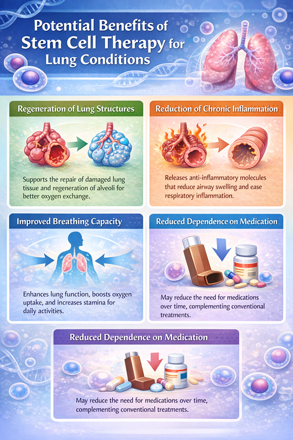 Figure A : Stem cell therapy may support lung repair, reduce inflammation, improve breathing capacity, and potentially lower long-term dependence on certain respiratory medications.