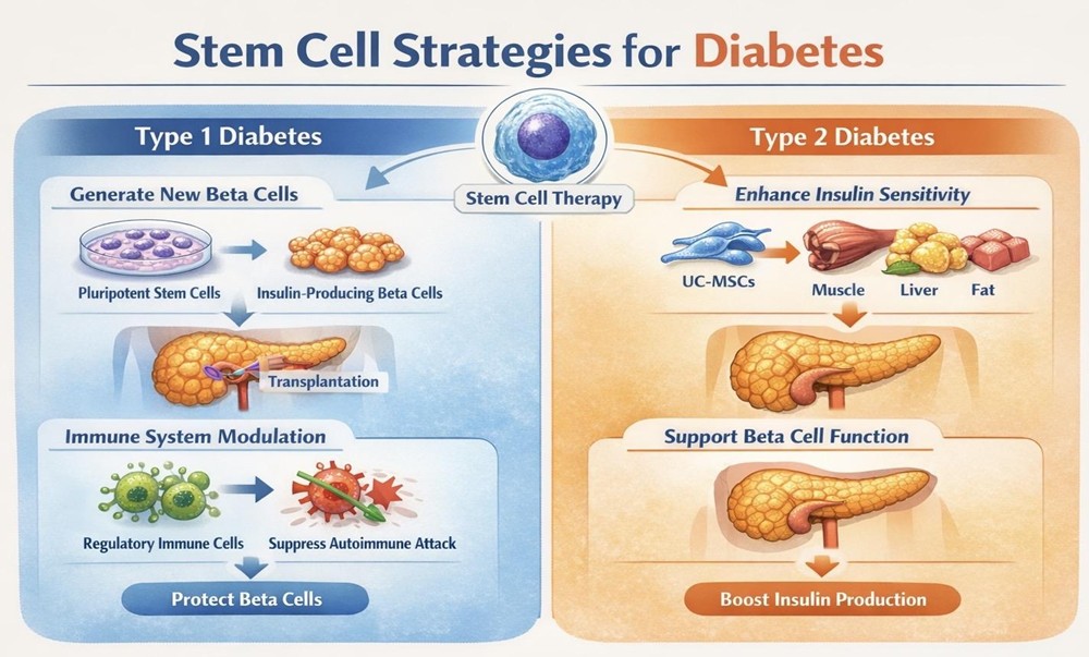 Figure A : Stem cell strategies for diabetes aim to restore insulin-producing cells, improve insulin sensitivity, and regulate immune responses, offering potential for better glucose control and long-term disease management in both Type 1 diabetes and Type 2 diabetes.