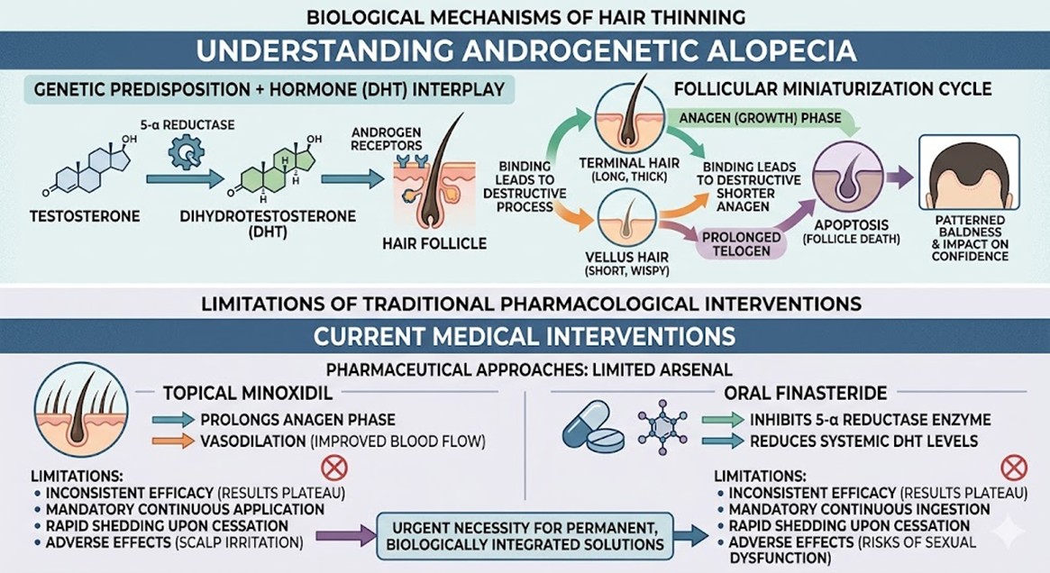 Figure 1: Biological Mechanism and Current Medical Interventions of Androgenetic Alopecia