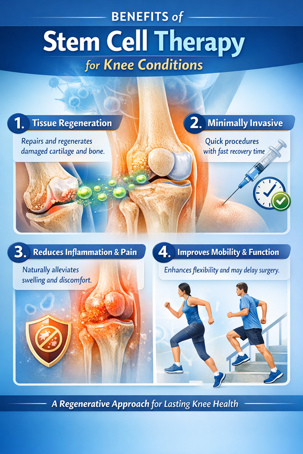 Figure A : Stem cell therapy supports knee repair by regenerating tissues, reducing inflammation, improving mobility, enabling faster recovery, and potentially delaying joint replacement surgery.