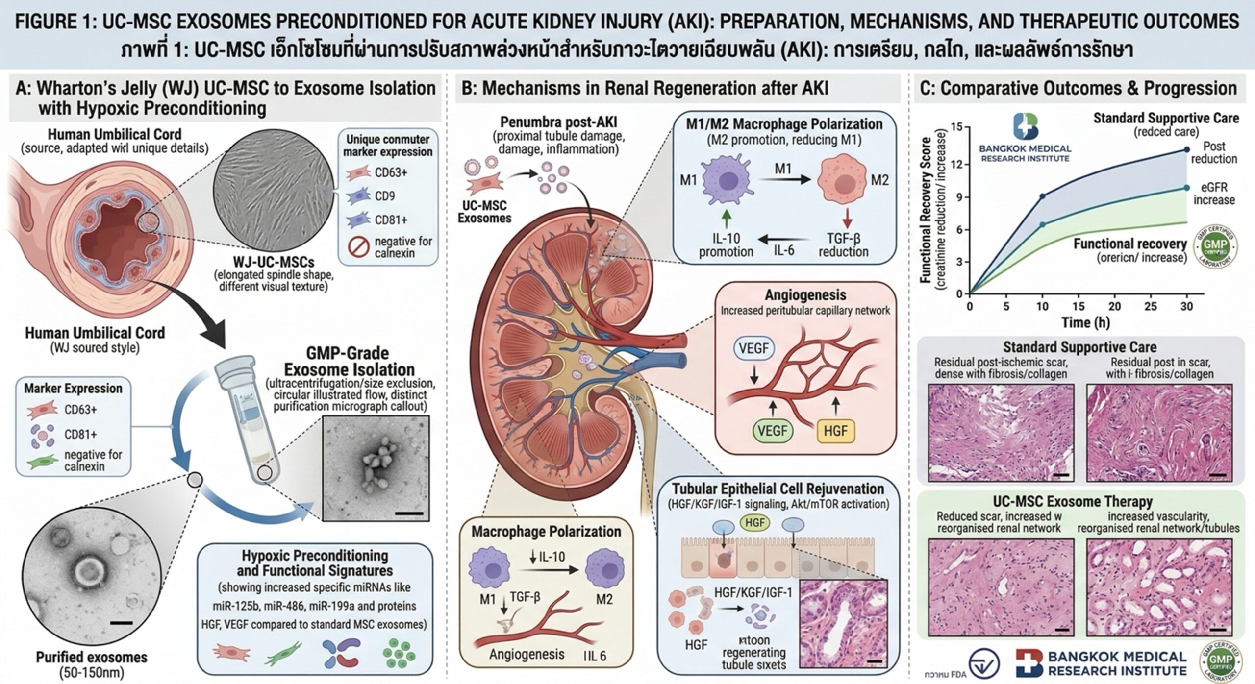 Figure 1: UC-MSC Exosomes Preconditioned for Acute Kidney Injury (AKI): Preparation, Mechanisms, and Therapeutic Outcomes.