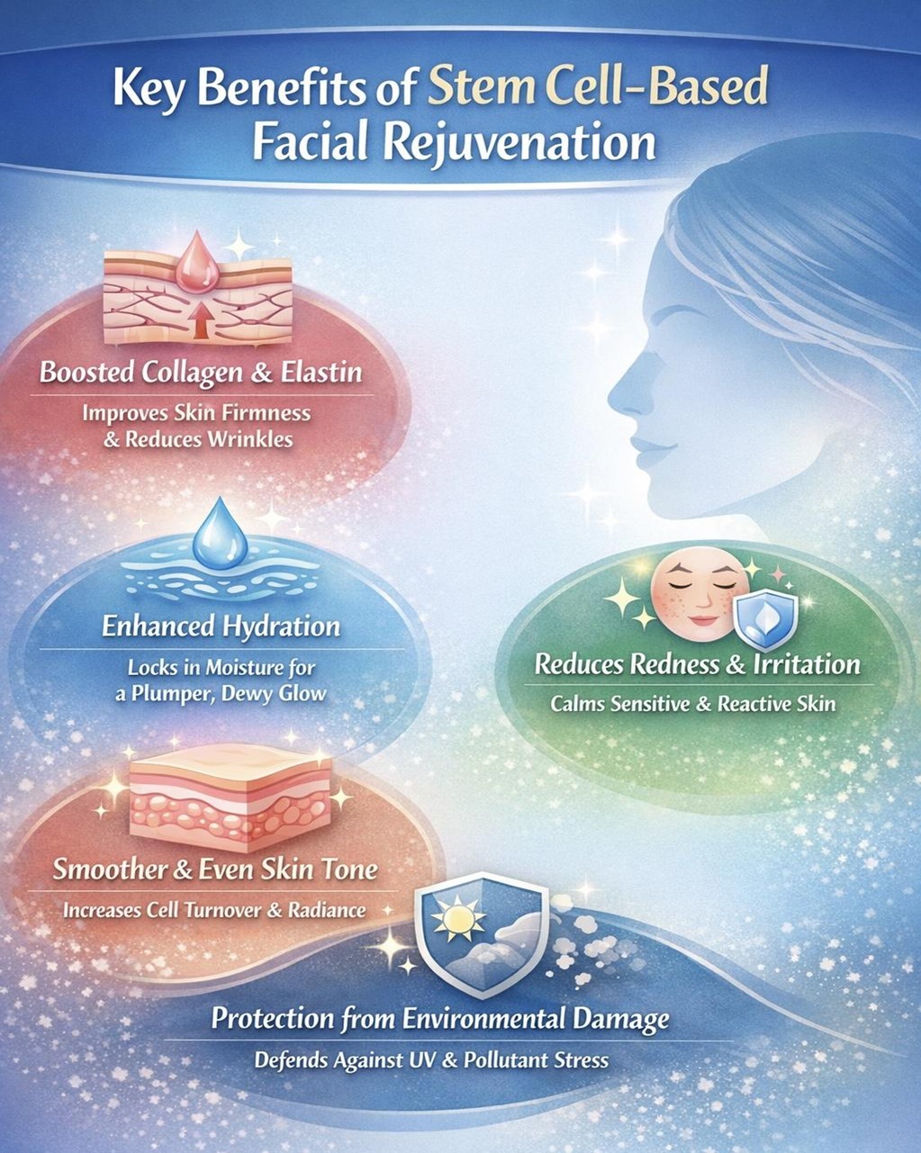 Figure A : Stem cell therapy boosts collagen, improves hydration, smooths skin texture, reduces inflammation, and strengthens protection, promoting healthier, firmer, and more youthful-looking skin.