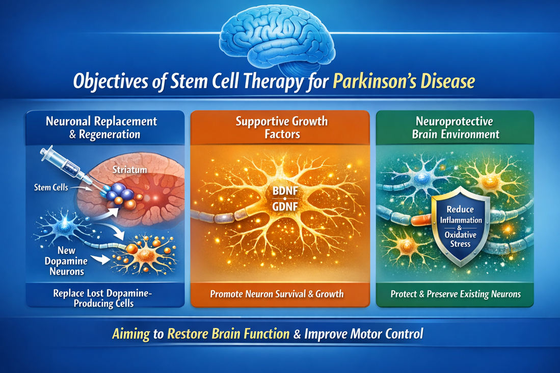 Figure A : Stem cell therapy aims to replace lost neurons, enhance neural support through growth factors, and protect brain cells by reducing inflammation and oxidative stress.