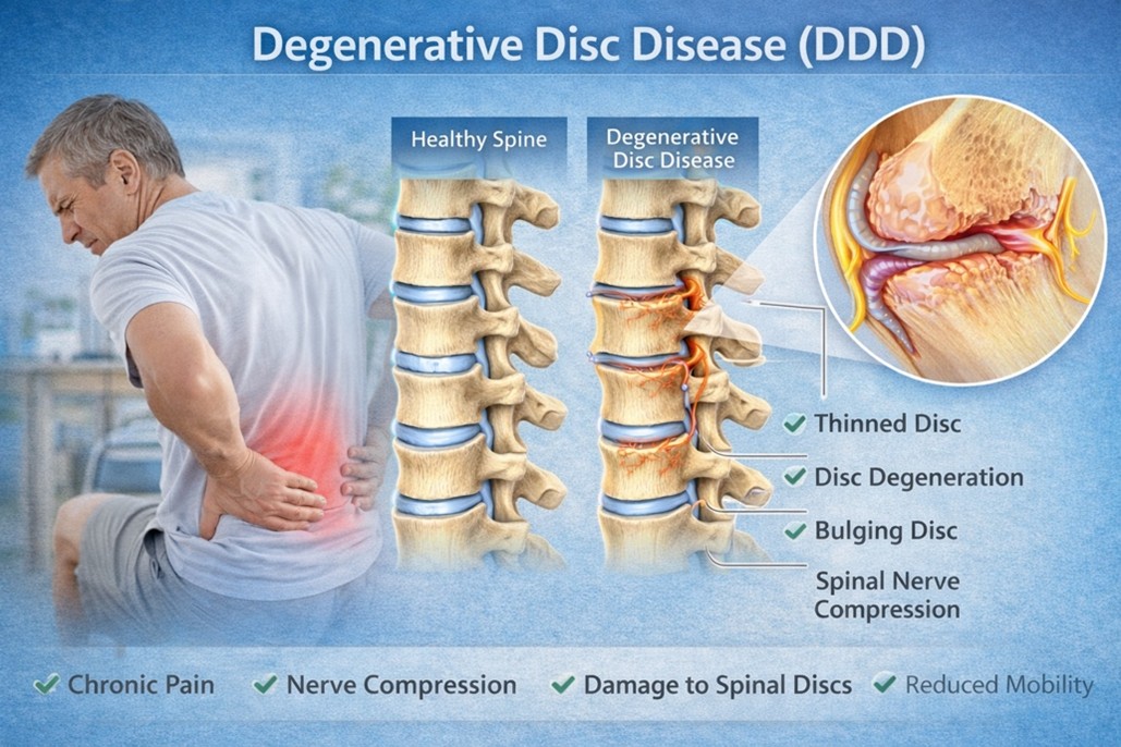 Figure A: Degenerative Disc Disease (DDD) refers to age- or wear-related changes in spinal discs that can contribute to back pain, stiffness, and reduced mobility.