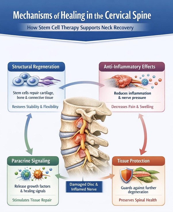 Figure A : Stem cell therapy aids cervical healing by regenerating tissues, reducing inflammation, enhancing repair signaling, and protecting spinal structures, improving mobility and long-term neck function.