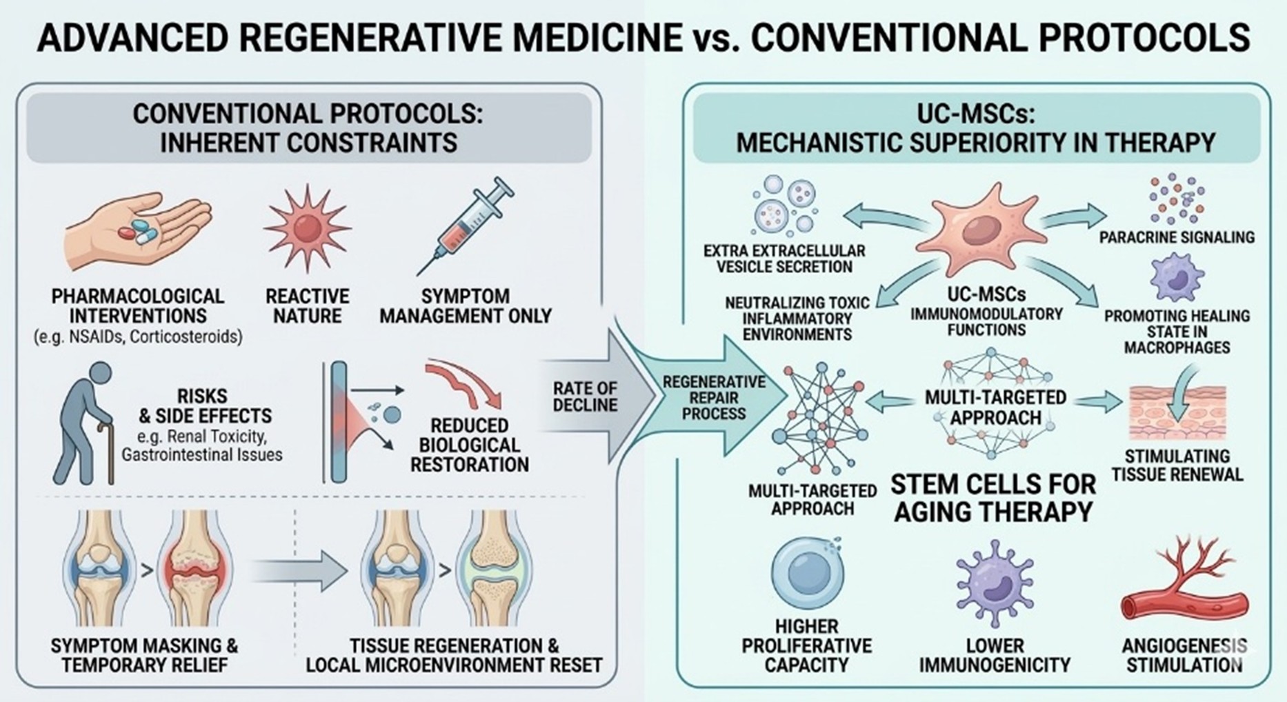 Figure 2: Advanced Regenerative UC-MSCs Stem Cell Medicine Compared with Conventional Protocols in Aging Therapy