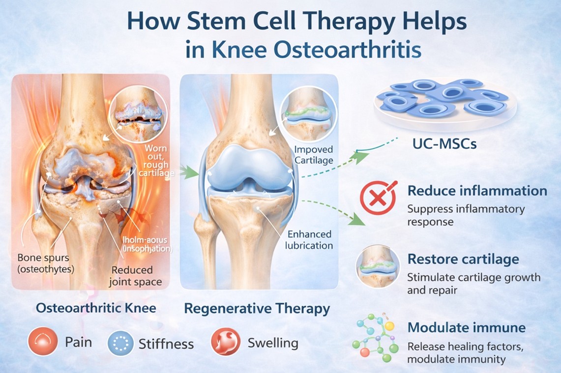 Figure B: Stem cell therapy is being studied as a regenerative approach for knee osteoarthritis. Mesenchymal stem cells may help reduce inflammation, support cartilage repair, and improve the joint environment, potentially helping to relieve pain and improve mobility.