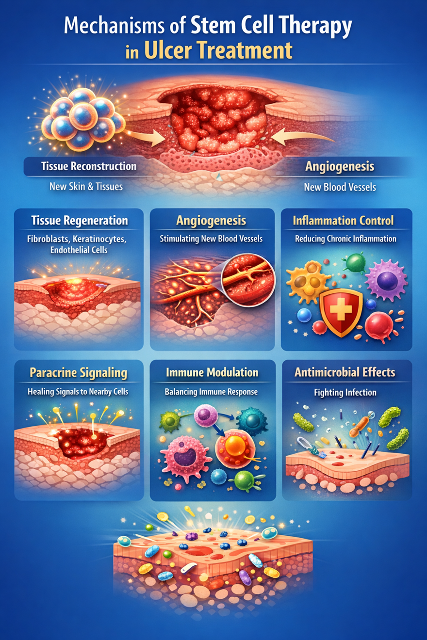 Figure A : Stem cells aid ulcer healing by regenerating tissue, improving blood flow, reducing inflammation, modulating immunity, stimulating repair signals, and limiting infection.