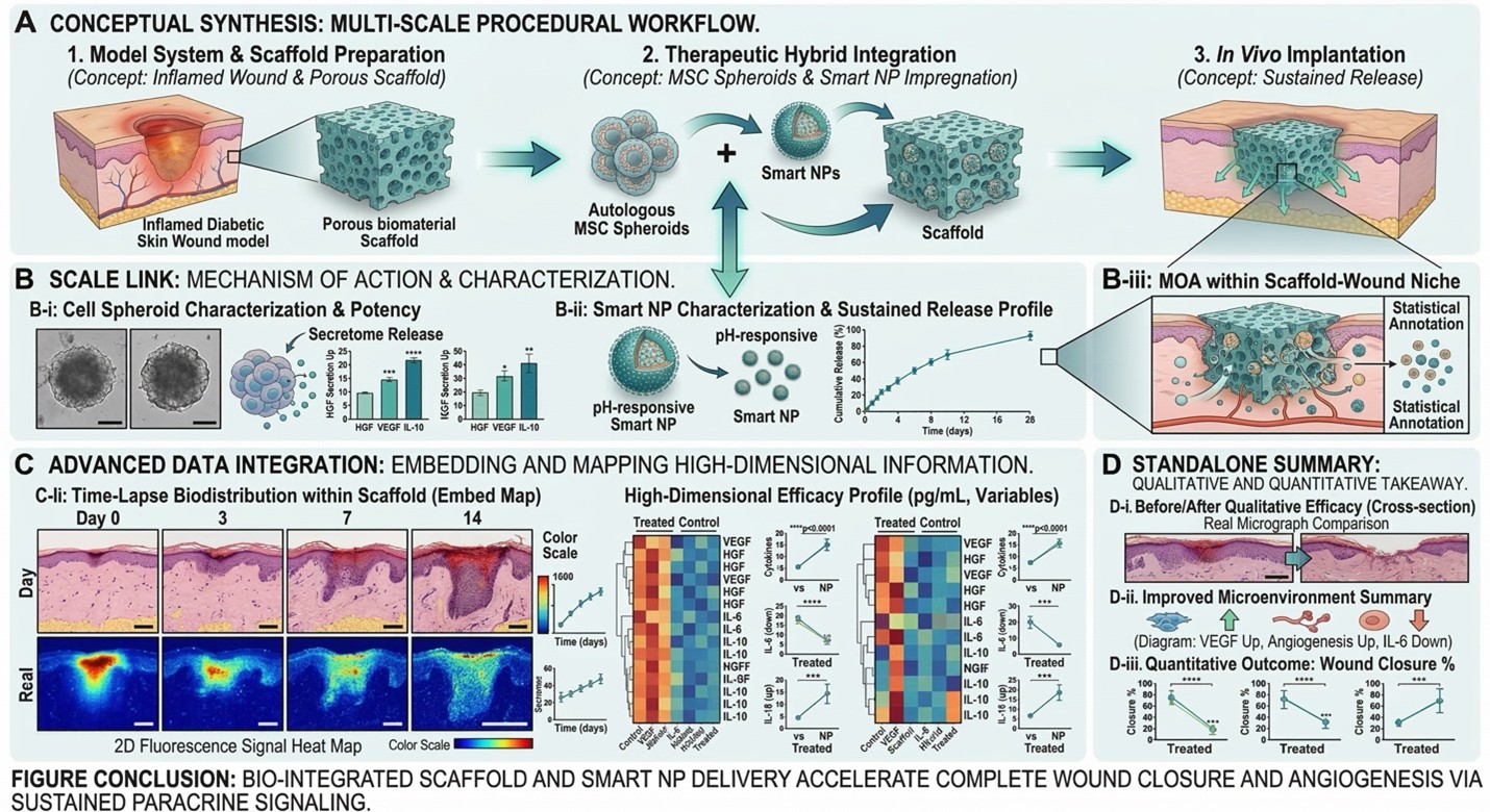 Figure 1: Bio-Integrated Framework for MSC-Spheroid and Smart NP-Mediated Skin Regeneration. (A) Procedural workflow from scaffold preparation to in vivo implantation in an inflamed diabetic wound model. (B) Characterization of autologous MSC spheroids and pH-responsive nanoparticles, including their sustained release profiles. (C) Integrated high-dimensional data showing time-lapse biodistribution (heat maps) and comparative efficacy profiles of key growth factors. (D) Qualitative and quantitative summary demonstrating accelerated wound closure, improved angiogenesis, and restored microenvironment homeostasis.