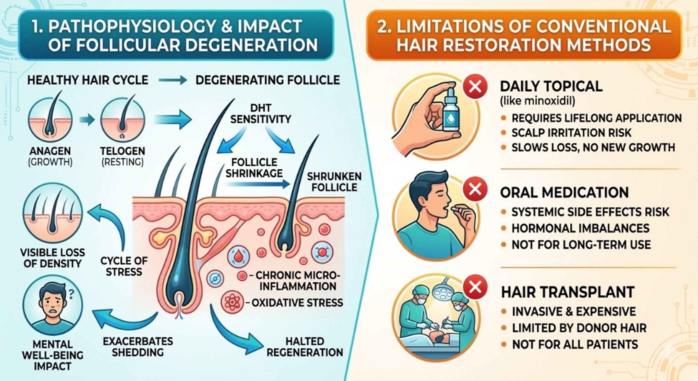 Figure 1: The Pathophysiology of Follicular Degeneration and Limitations of Conventional Restoration Methods