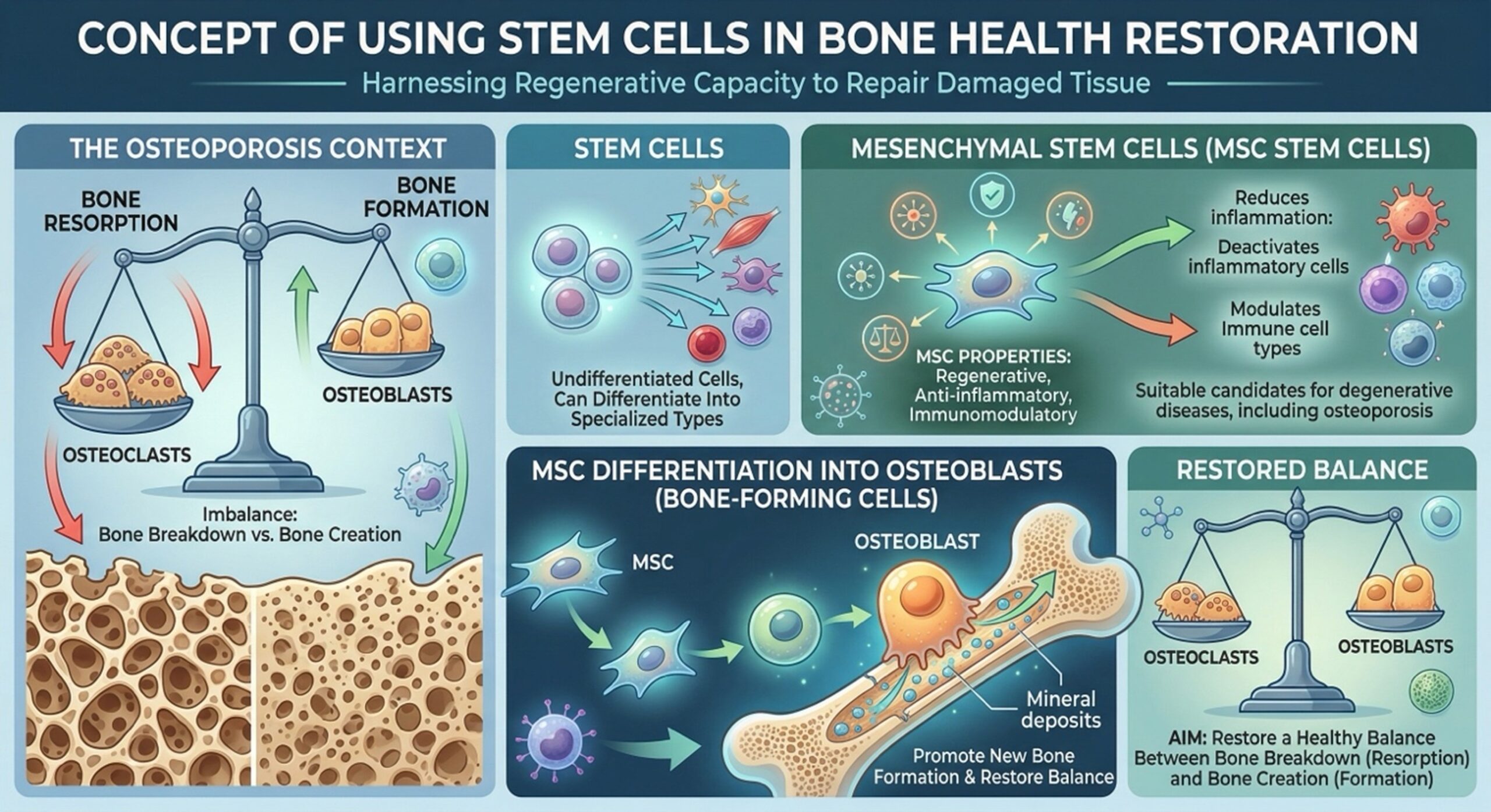 Figure 1: This medical illustration outlines the revolutionary approach of using stem cells to restore bone health, specifically focusing on the treatment of osteoporosis.