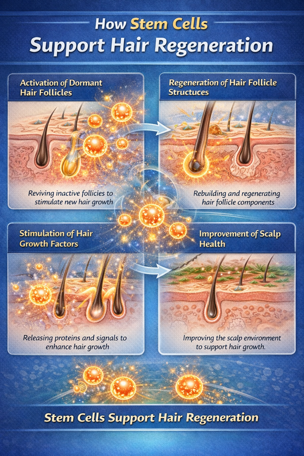Figure A : Stem cells support hair regrowth by activating inactive follicles, rebuilding follicle structures, stimulating growth factors, and enhancing overall scalp condition.