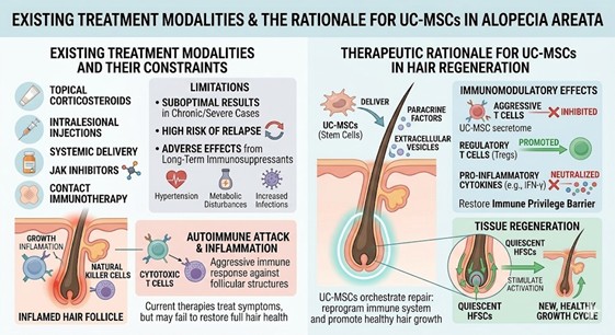 Figure 2:  Existing Treatment Modalities and The Rationale for UC-MSCs Alopecia Areata