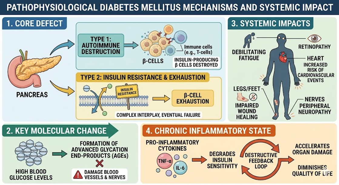 Figure 1: Pathophysiological Diabetes Mellitus Mechanisms and Systemic Impact