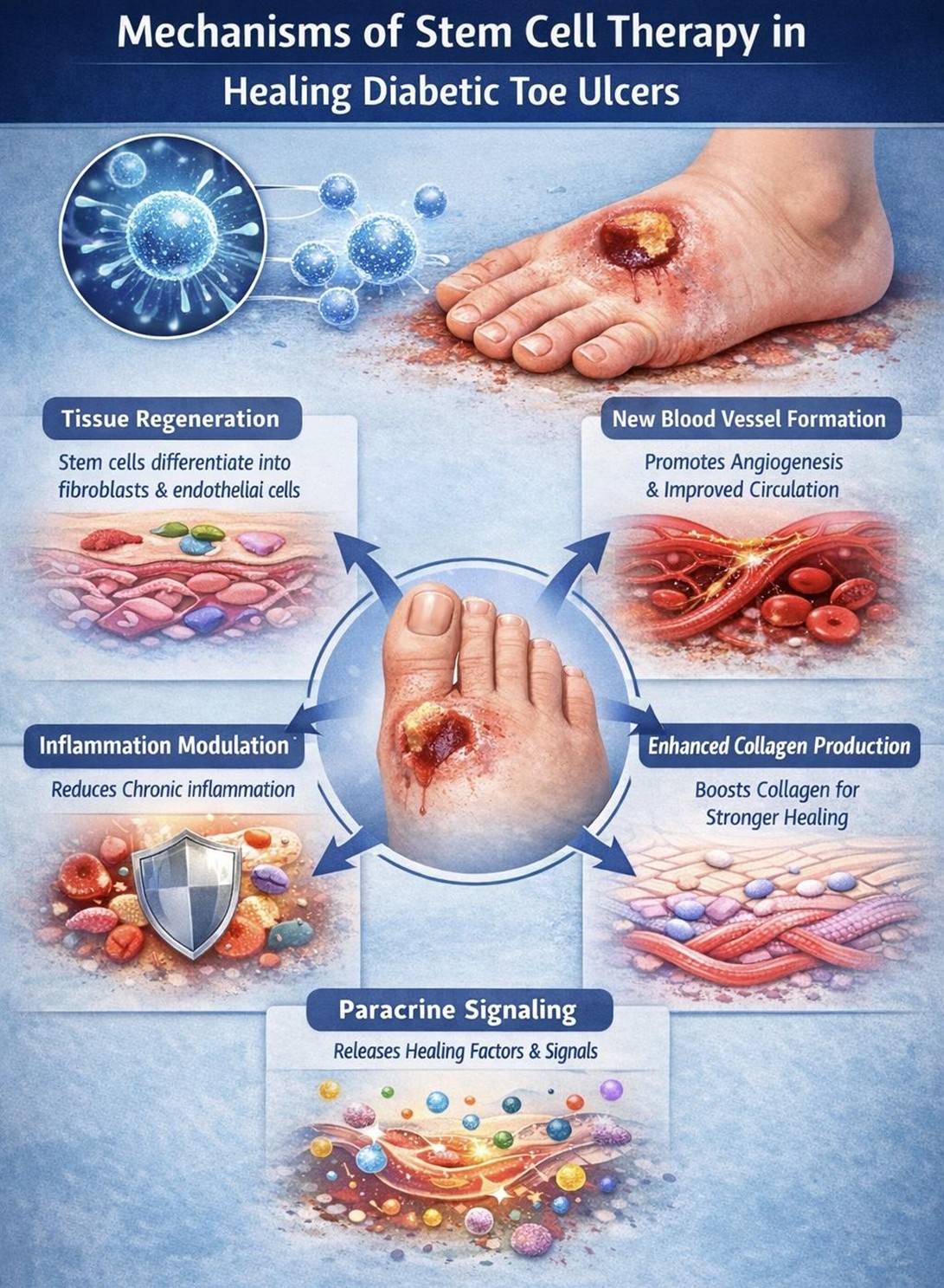 Figure A : Stem cell therapy promotes healing by regenerating tissue, improving blood flow, reducing inflammation, enhancing collagen formation, and supporting cellular communication for faster recovery.