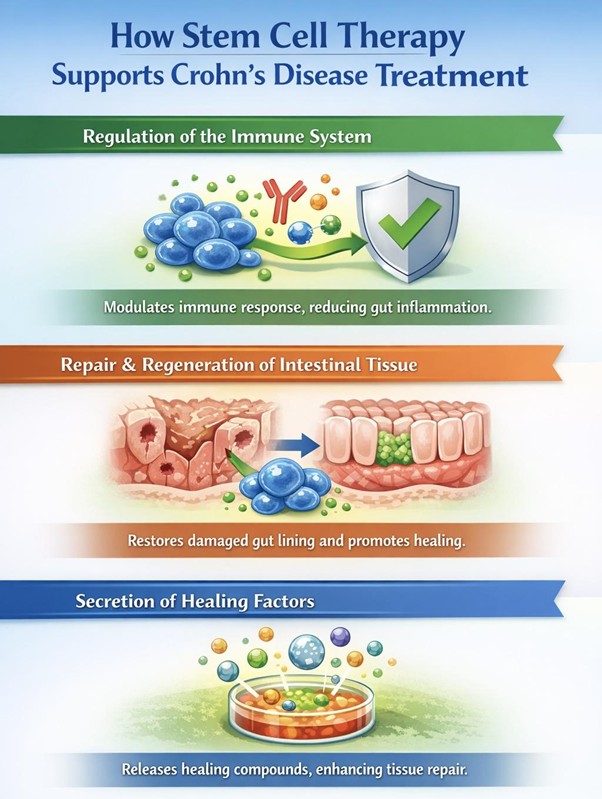 Figure A: Stem cell therapy supports Crohn’s disease treatment by regulating immune responses, repairing damaged intestinal tissue, and releasing healing factors that promote regeneration, reduce inflammation, and enhance overall digestive function.
