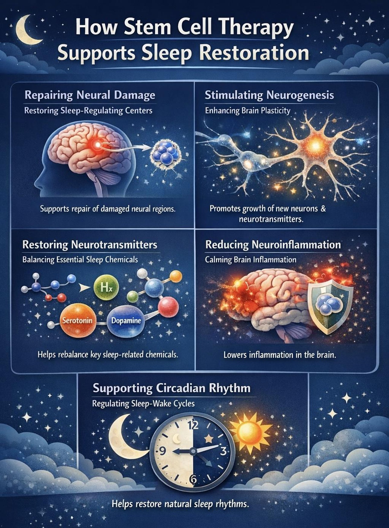 Figure A : Stem cell therapy may improve sleep by repairing neural damage, promoting new neuron growth, balancing neurotransmitters, reducing brain inflammation, and restoring circadian rhythm, helping regulate natural sleep-wake cycles more effectively.