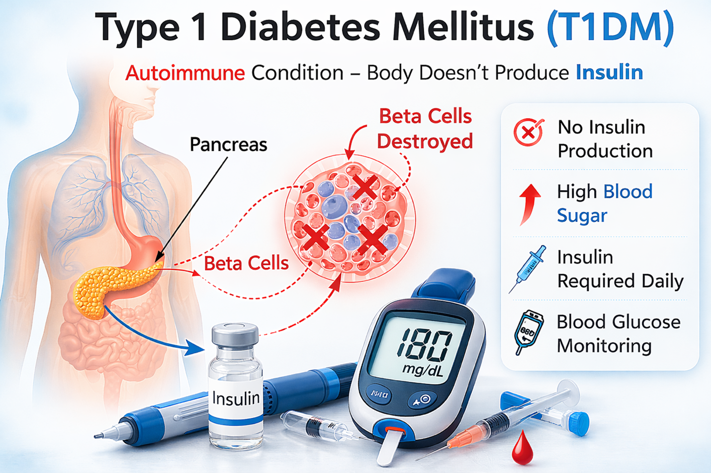 Figure 1: Type 1 Diabetes Mellitus is an autoimmune condition in which the immune system destroys insulin-producing beta cells in the pancreas, leading to high blood sugar and the need for lifelong insulin therapy.