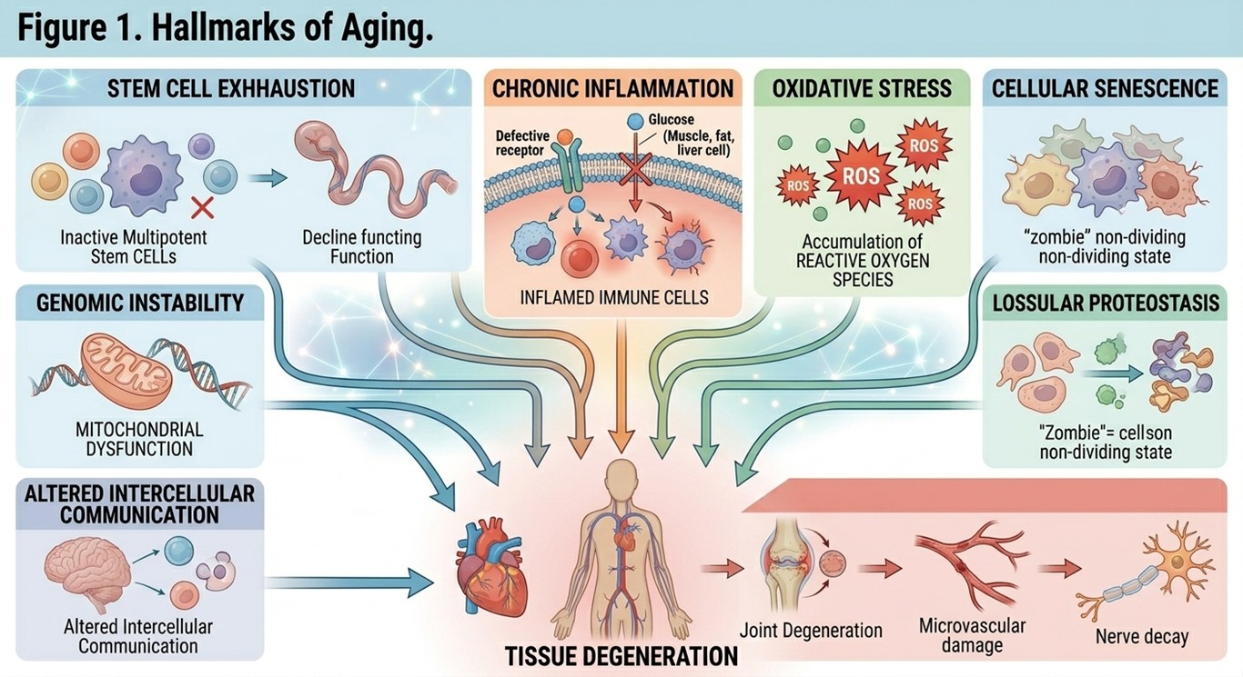 Figure 1: Some of the hallmarks of aging, including cellular senescence, chronic inflammation, oxidative stress and stem cell exhaustion leading to damage in tissues.