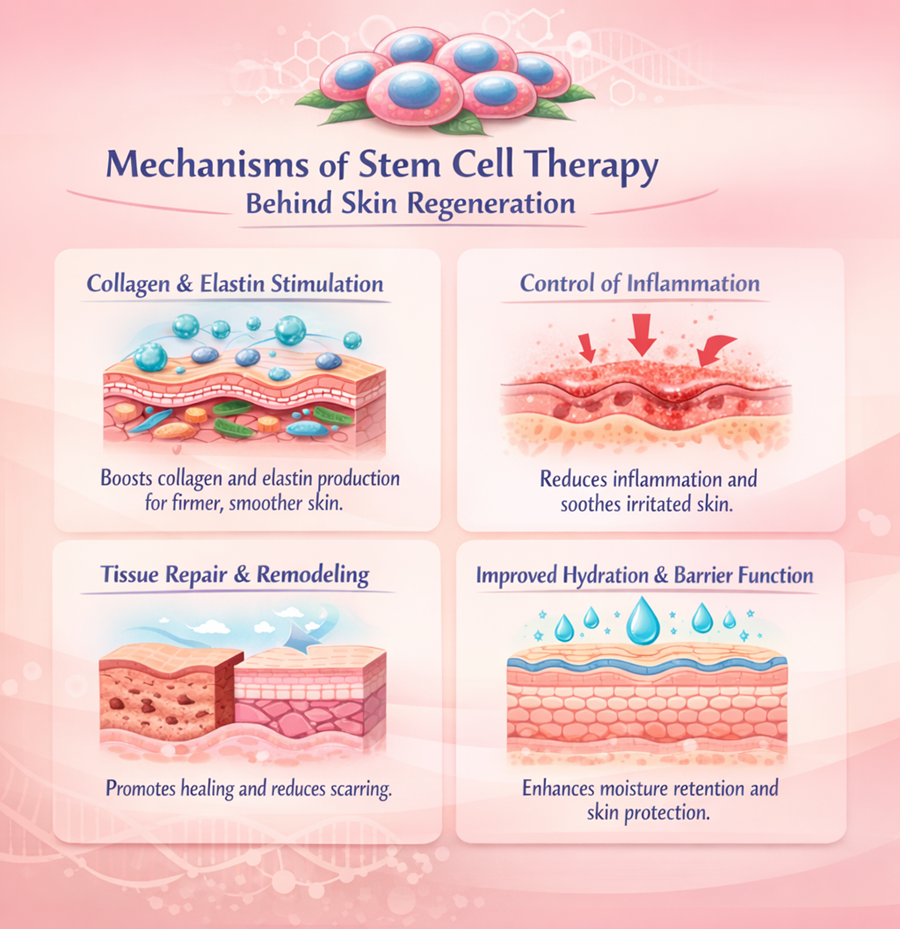 Figure A : Stem cells support skin regeneration by boosting collagen production, reducing inflammation, promoting tissue repair, and strengthening the skin barrier, leading to improved hydration, smoother texture, and healthier, more resilient skin.