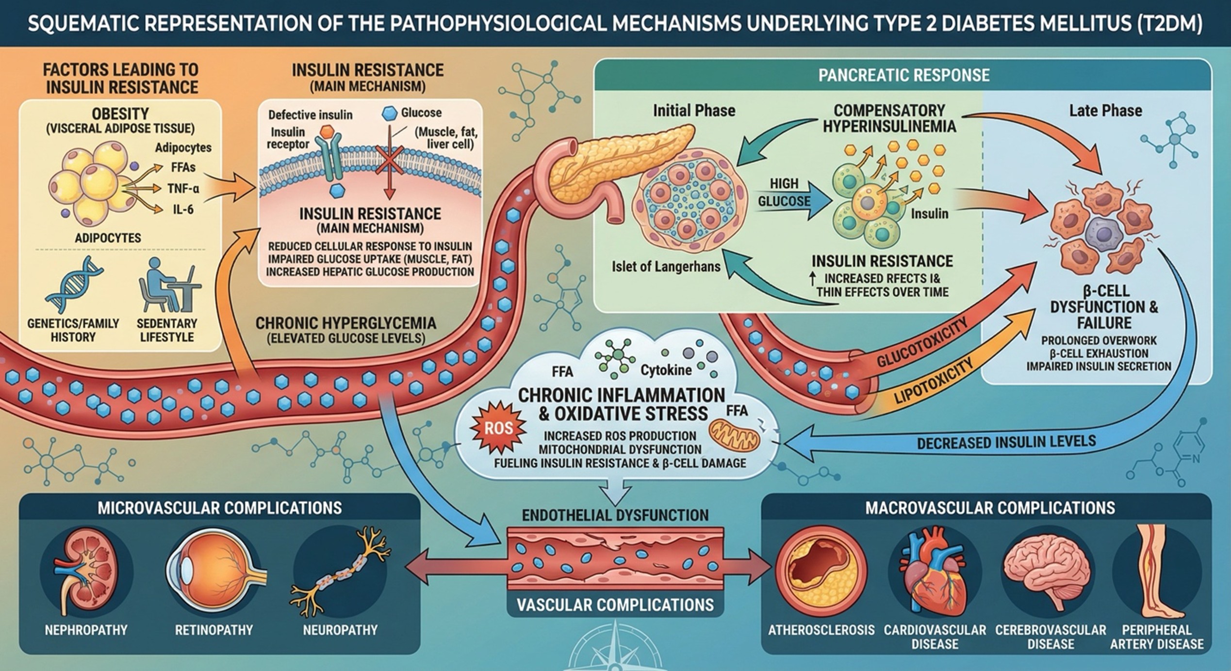 Figure 1: Schematic representation of the pathophysiological mechanisms underlying Type 2 Diabetes Mellitus, including insulin resistance, compensatory hyperinsulinemia, β-cell dysfunction, oxidative stress, and vascular complications.