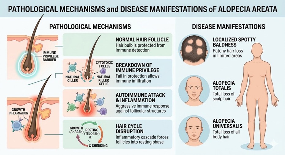 Figure 1: Pathological Mechanisms and Alopecia Areata Disease Manifestations