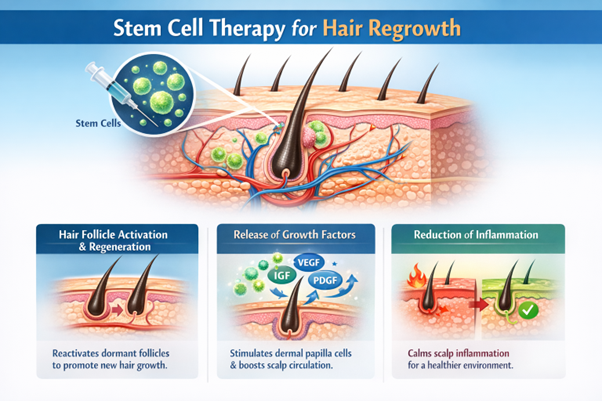 Figure A : Stem cell therapy supports hair regrowth by reactivating dormant follicles, releasing growth factors to stimulate hair production, improving scalp circulation, and reducing inflammation, creating a healthier environment for sustained hair growth.