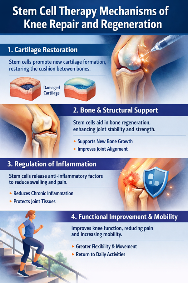 Figure A : Stem cell therapy supports knee repair by regenerating cartilage, strengthening bone structure, reducing inflammation, and enhancing mobility, leading to improved joint function, decreased pain, and better overall movement and daily activity performance.