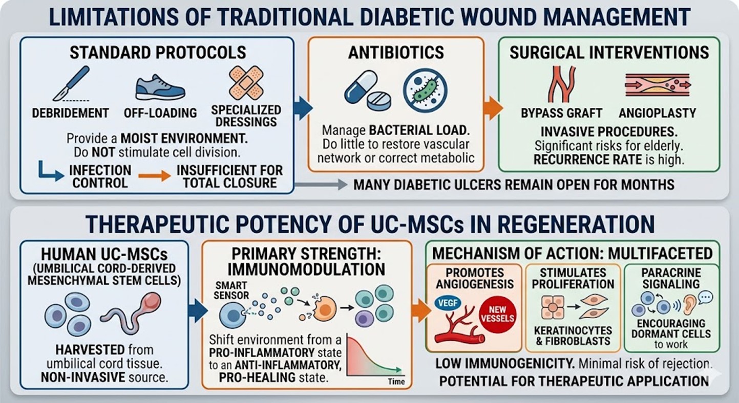 Figure 2: Limitations of Traditional Diabetes Mellitus Wounds Management and Therapeutic Potency of UC-MSCs in Regeneration