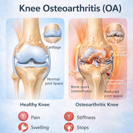 Figure A: Knee osteoarthritis occurs when cartilage in the joint breaks down, causing pain, stiffness, and difficulty moving the knee.