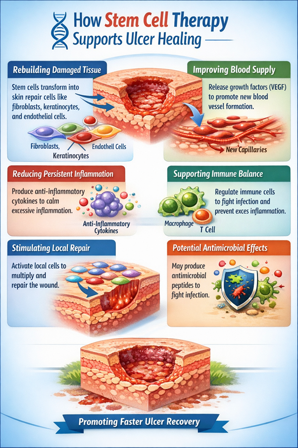 Figure A : Ulcer healing may be supported by stem cells through tissue repair, improved circulation, reduced inflammation, immune balance, and activation of regenerative processes.