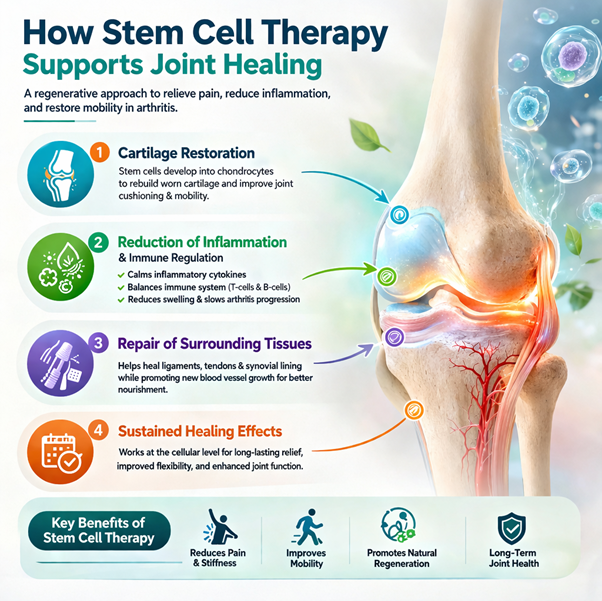 Figure A : Stem cell therapy supports joint healing by rebuilding cartilage, reducing inflammation, repairing surrounding tissues, improving blood flow, and promoting long-term recovery, leading to better mobility, reduced pain, and enhanced joint function.