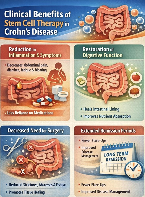 Figure A: Stem cell therapy may reduce inflammation, relieve symptoms, repair intestinal lining, improve nutrient absorption, lower surgical risks, and support longer remission, enhancing overall management and quality of life in Crohn’s disease patients.