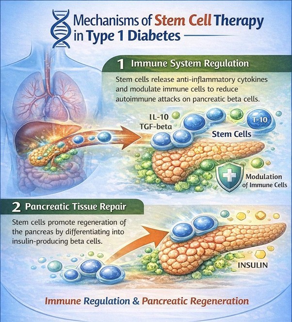 Figure A : In type 1 diabetes, stem cells help control immune activity while encouraging repair and regeneration of damaged pancreatic tissue.