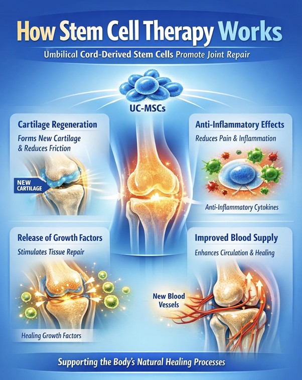 Figure A : Stem cell therapy repairs joints by regenerating cartilage, reducing inflammation, releasing growth factors, and improving blood flow, which together enhance healing, restore function, decrease pain, and support long-term joint health.