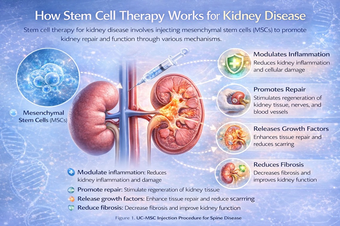 Figure 1: Stem Cell–Mediated Kidney RegenerationConceptual diagram illustrating the potential regenerative mechanisms of stem cell therapy in kidney disease, including anti-inflammatory effects, tissue regeneration, and fibrosis reduction.