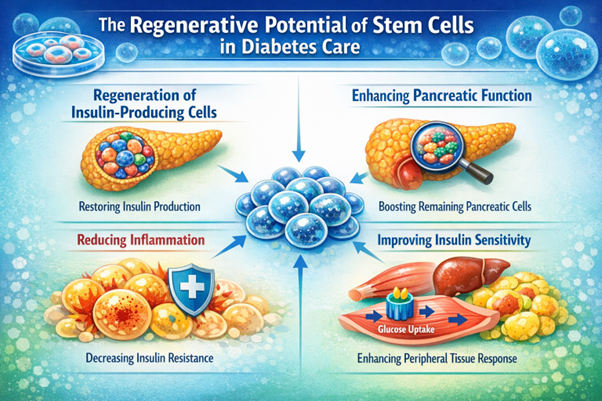 Figure A : Regenerative stem cell therapy in diabetes may help restore insulin-producing cells, support pancreatic activity, reduce inflammation linked to insulin resistance, and enhance tissue insulin responsiveness.