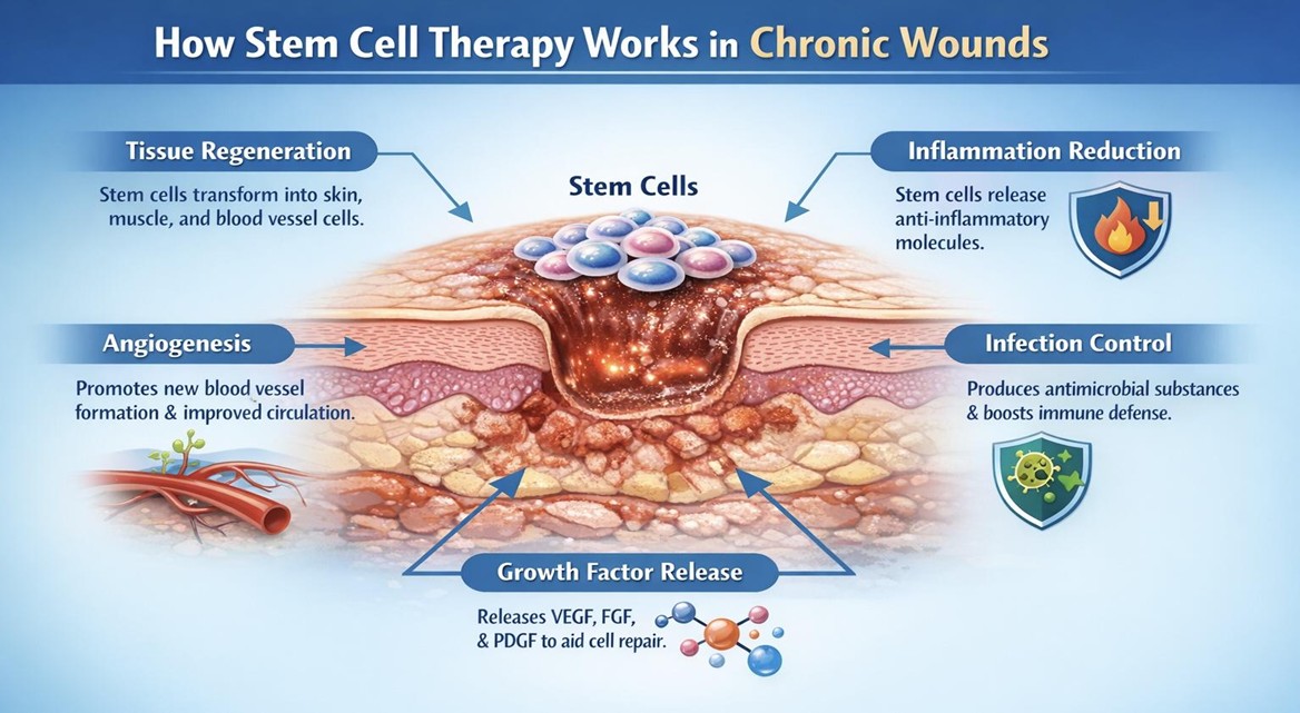 Figure A : Stem cells heal chronic wounds by regenerating tissue, reducing inflammation, improving blood flow, fighting infection, and releasing growth factors that accelerate repair.
