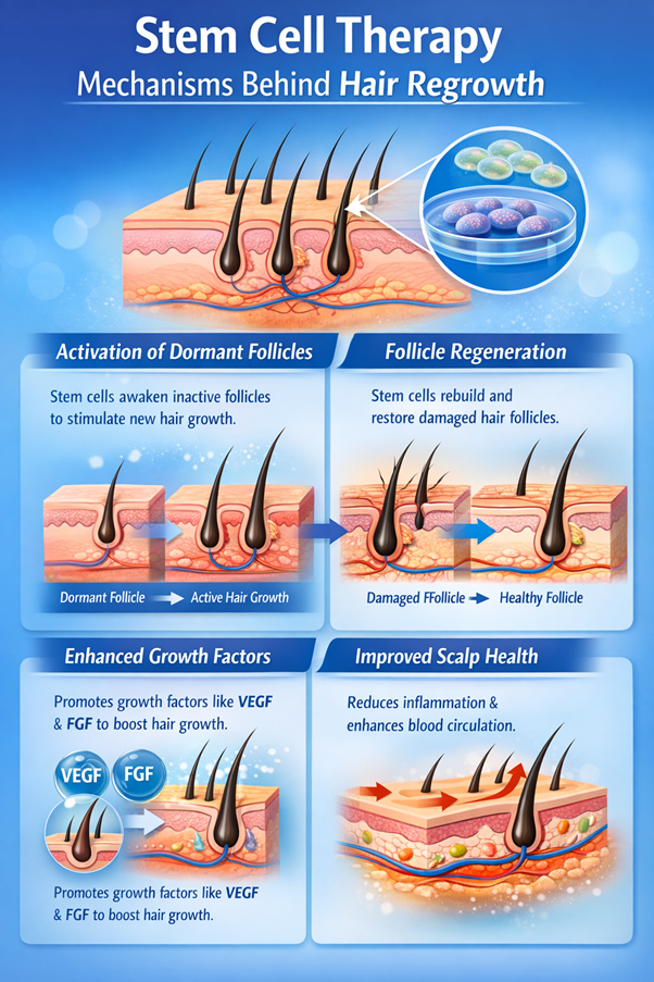Figure A : Stem cells promote hair regrowth by activating follicles, regenerating damaged structures, boosting growth factors, improving scalp health, and supporting stronger, continuous hair growth.