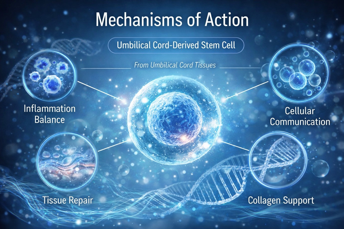 Figure 1: This illustration highlights the proposed mechanisms of stem cell therapy, including immune modulation, tissue repair support, and regenerative signaling.